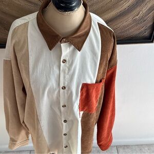 Stylish Patchwork Men's Shirt in Brown, Cream, and Orange